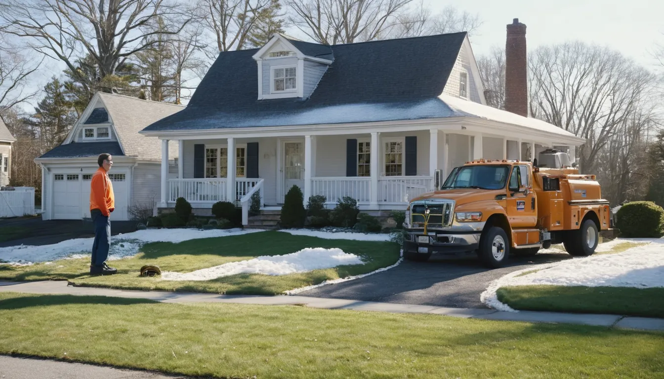 A friendly septic provider talking with a homeowner beside a tidy yard in Ringwood