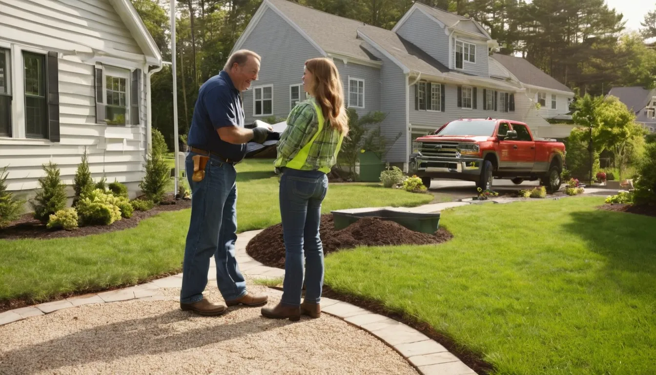 Friendly septic provider talking with a homeowner beside an open septic tank lid in a residential yard near Ringwood